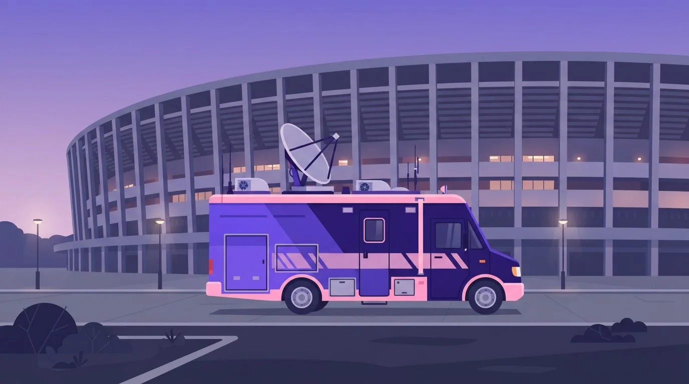 Übertragungswagen vor einem beleuchteten Stadion mit Spielanzeige im Hintergrund