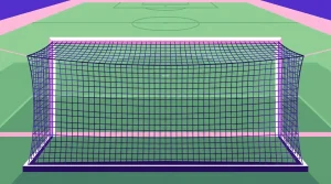 Fußballtor mit Netz und grünem Spielfeld aus niedriger Perspektive
