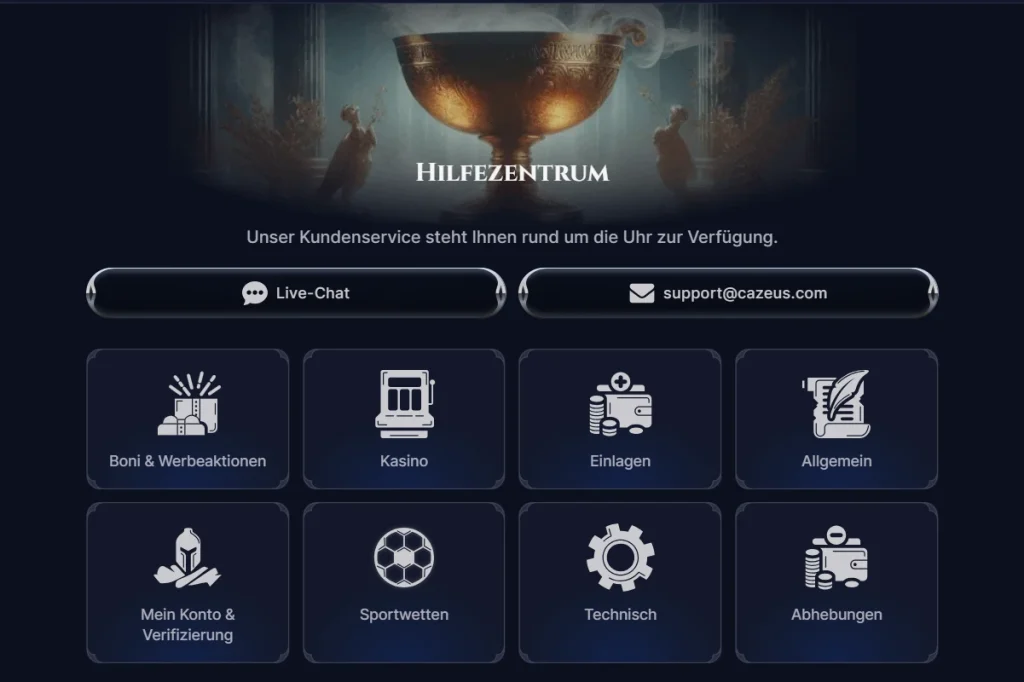 Themenübersicht des Cazeus-Hilfezentrums mit Sportwetten, Zahlungen und Kontofragen