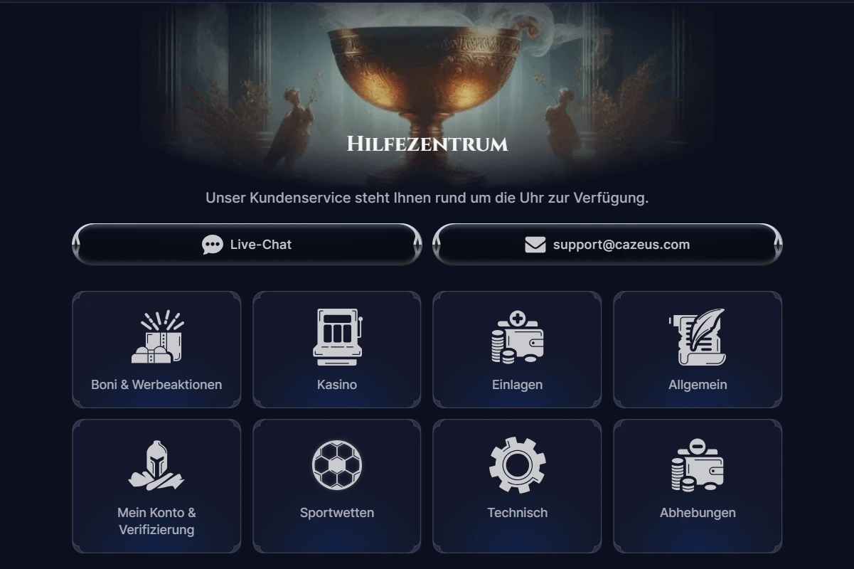 Themenübersicht des Cazeus-Hilfezentrums mit Sportwetten, Zahlungen und Kontofragen